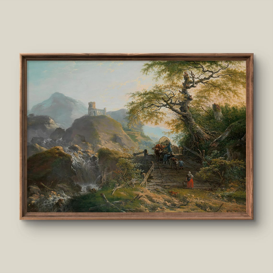 Vintage Mountain Castle Ruin Wooden Bridge Valley Landscape Art Poster