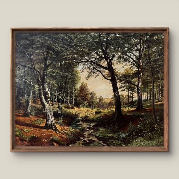 Vintage Summer Landscape Art Print Rustic Wall Decor Antique Painting Green Forest Instant