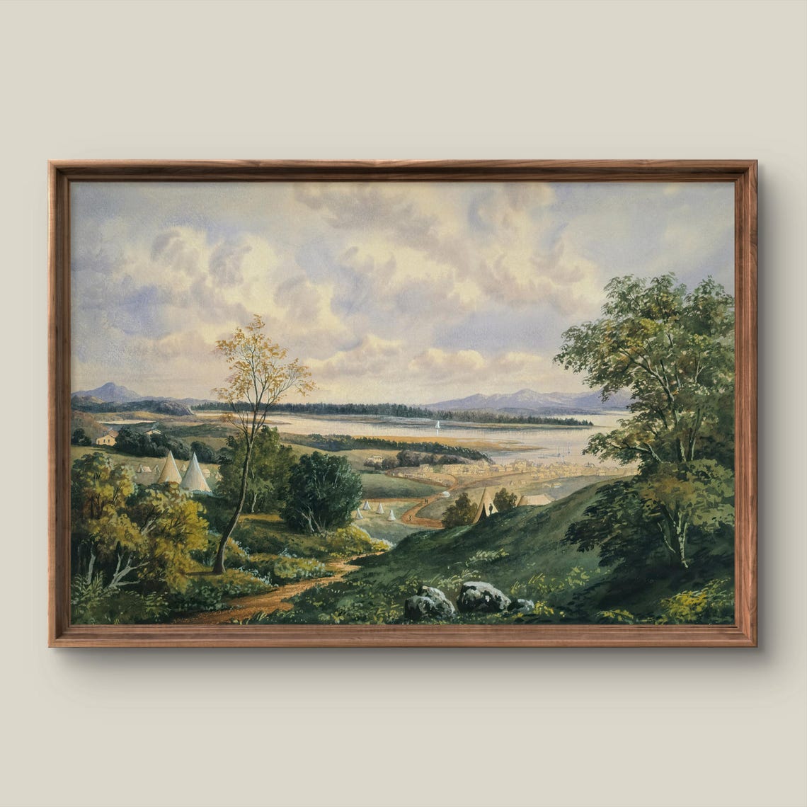 River Valley Tent Encampment Antique Watercolor Landscape Print