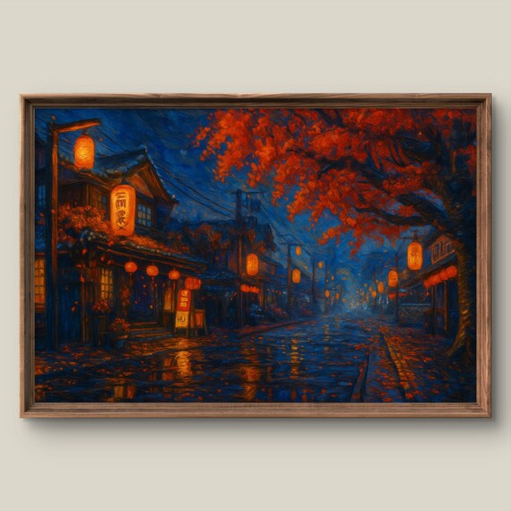 Japanese Lantern Street at Night with Autumn Maple Trees Painting Print