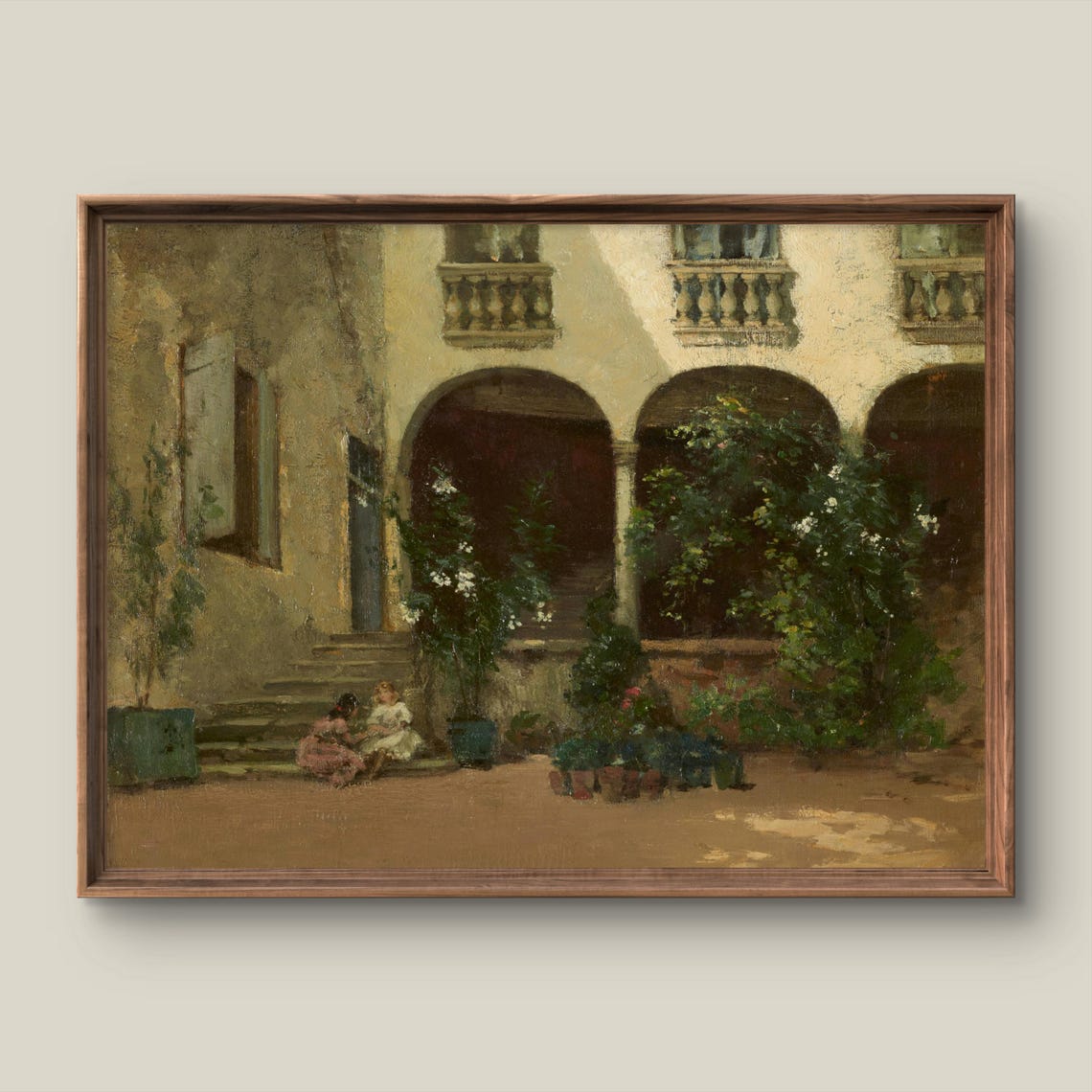 Children Playing Italian Courtyard Antique Oil Painting Print
