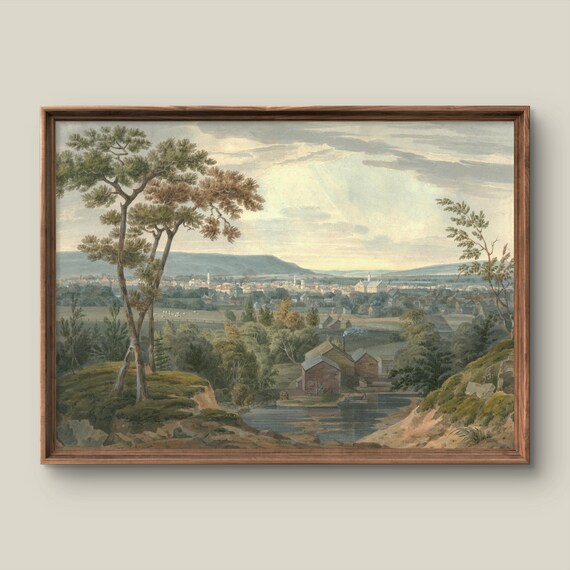 Vintage Town Vista from the Hills Watercolor Cityscape Poster