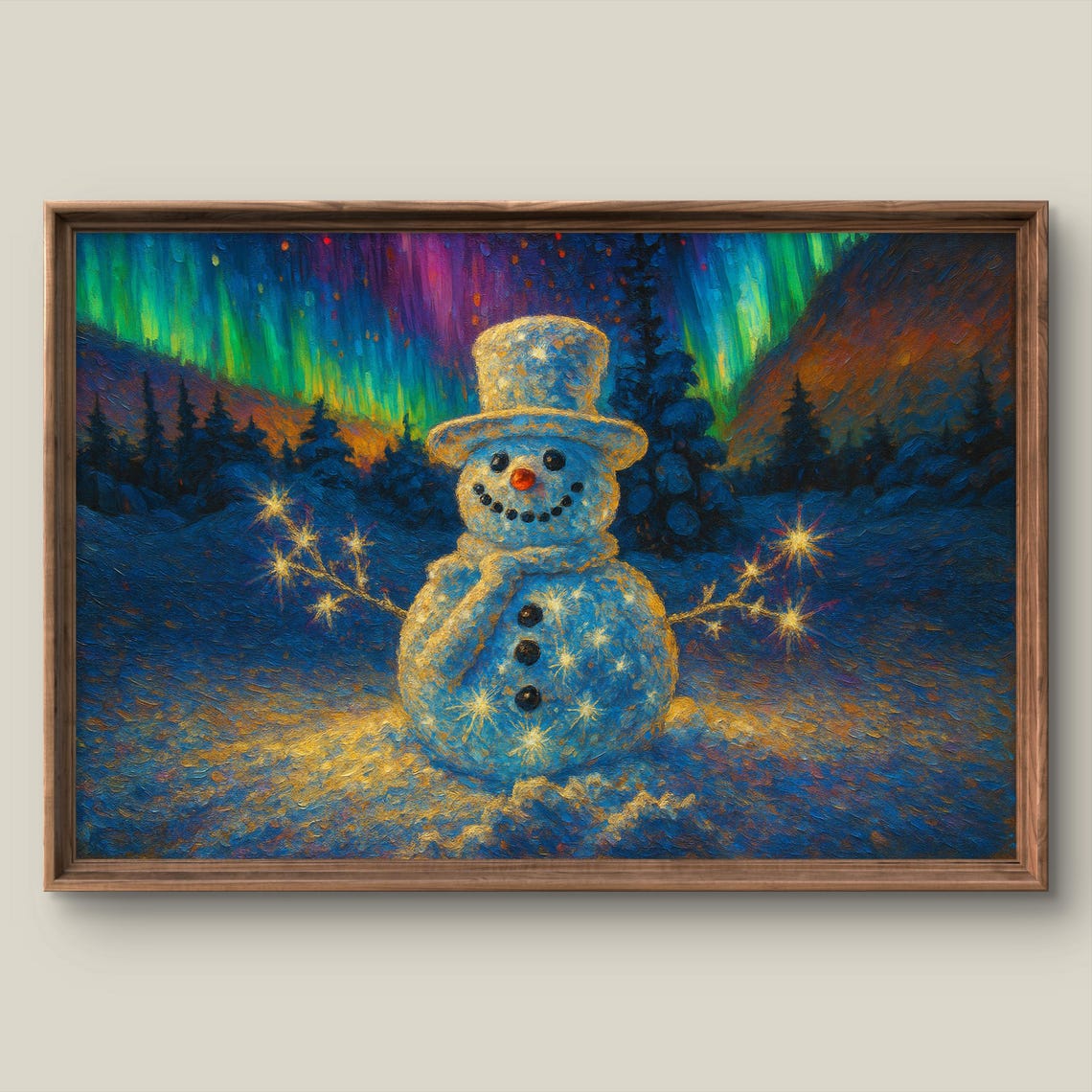 Snowman Under Northern Lights in Snowy Night Forest Painting Poster