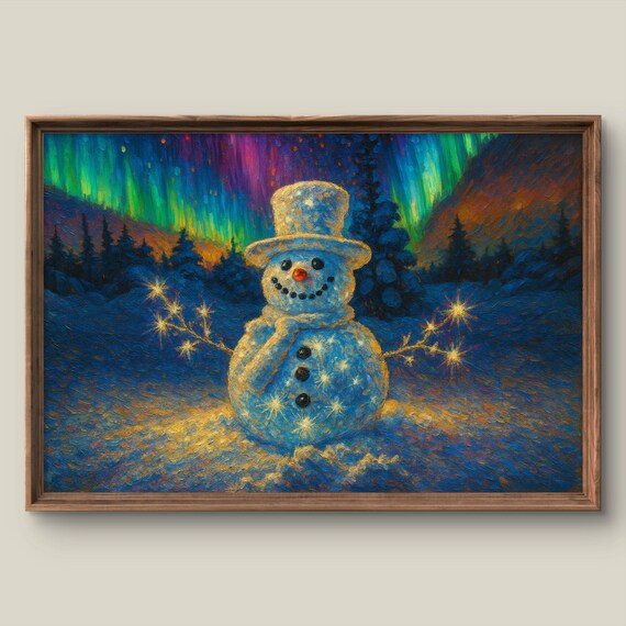 Snowman Under Northern Lights in Snowy Night Forest Painting Poster