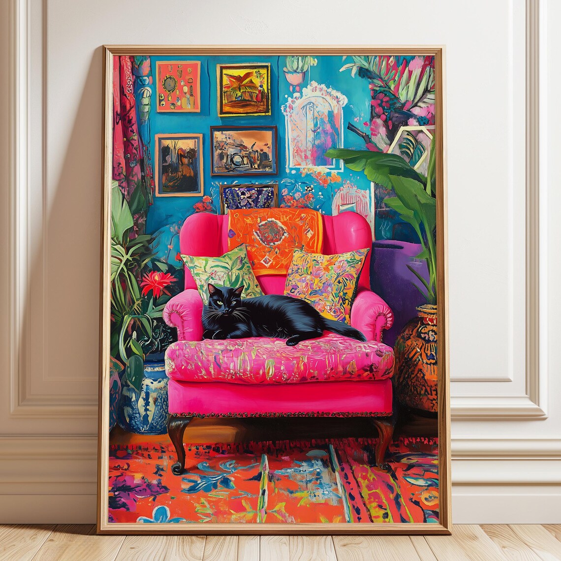 Boho Cat Art Print, Maximalist Living Room Decor