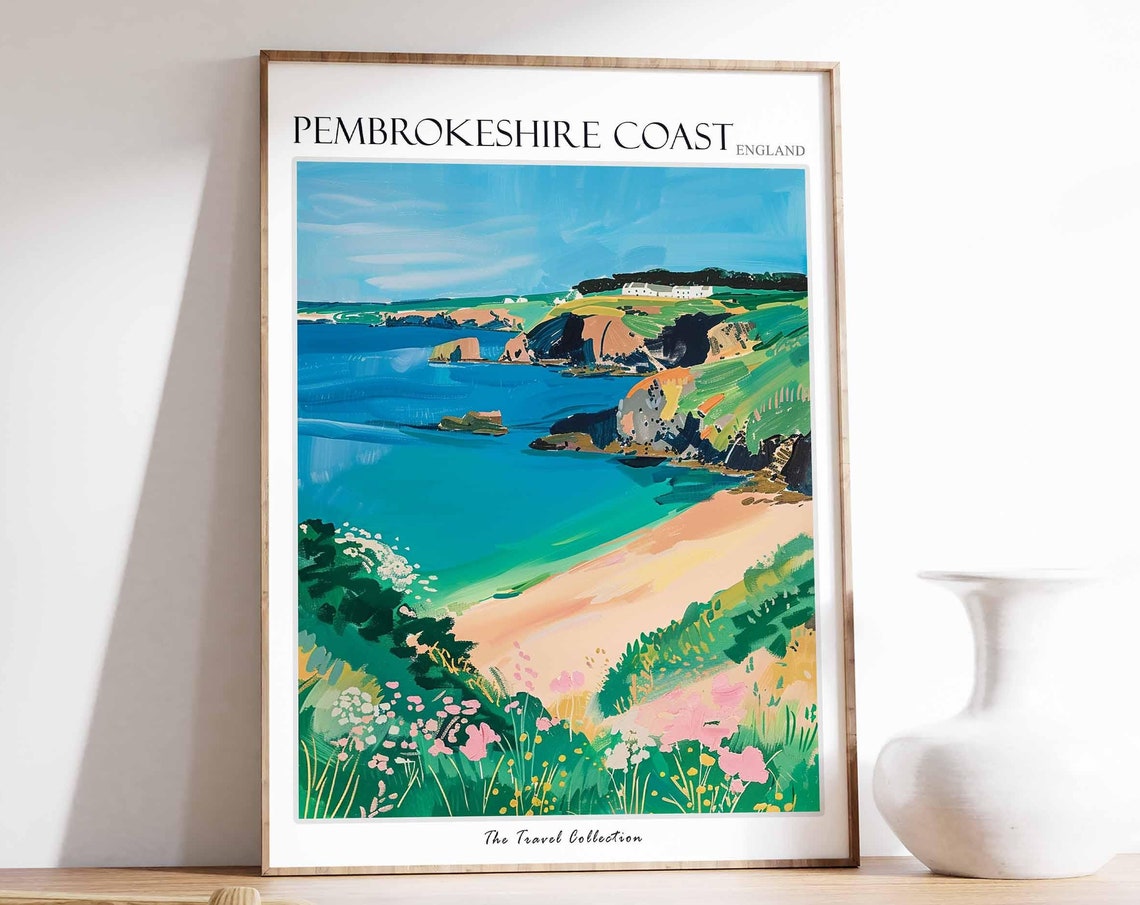 Pembrokeshire Coast Headland Cliffs Sandy Cove Flowers Poster