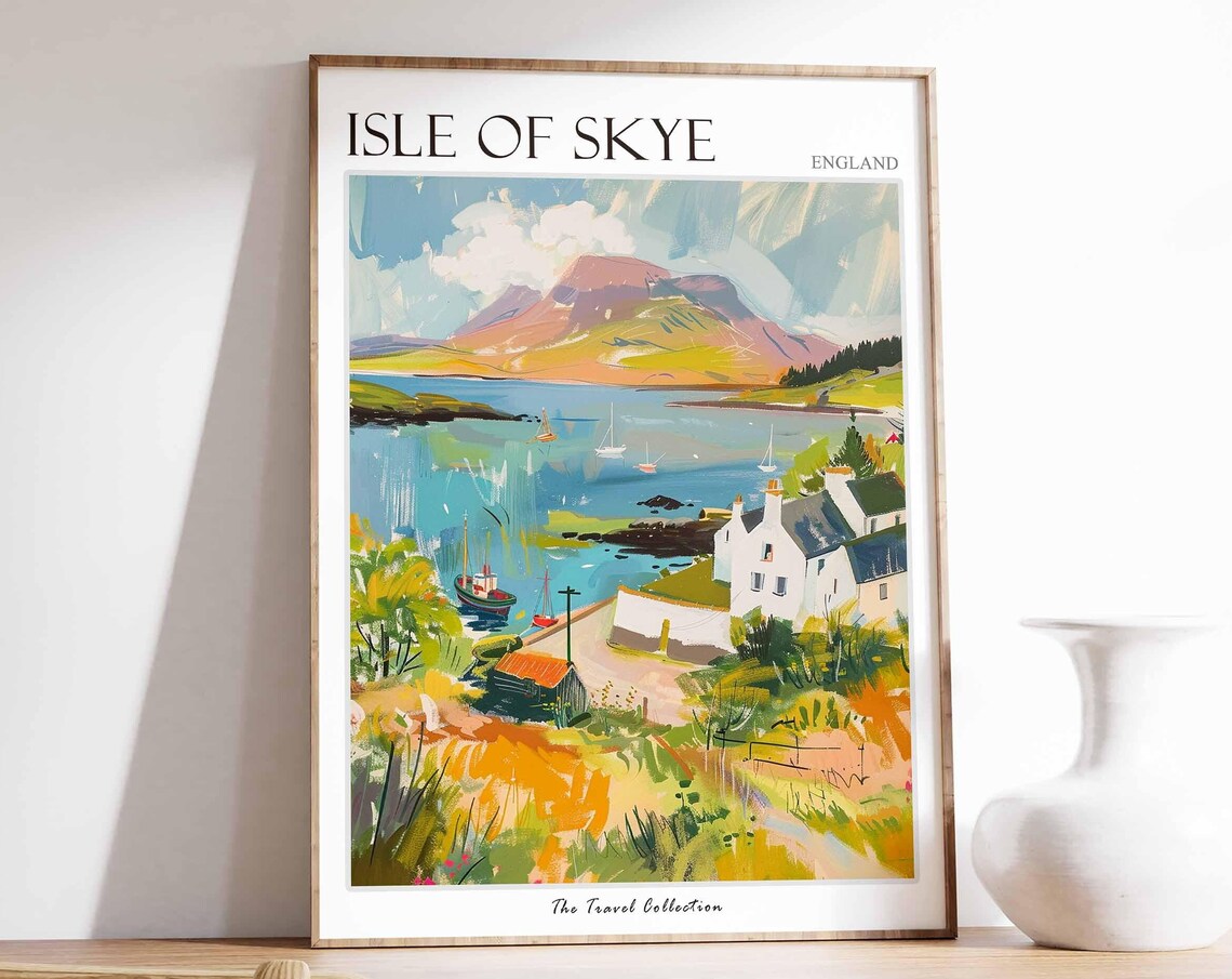 Isle of Skye Harbor Village Travel Poster Boats Cottages Coastal Art