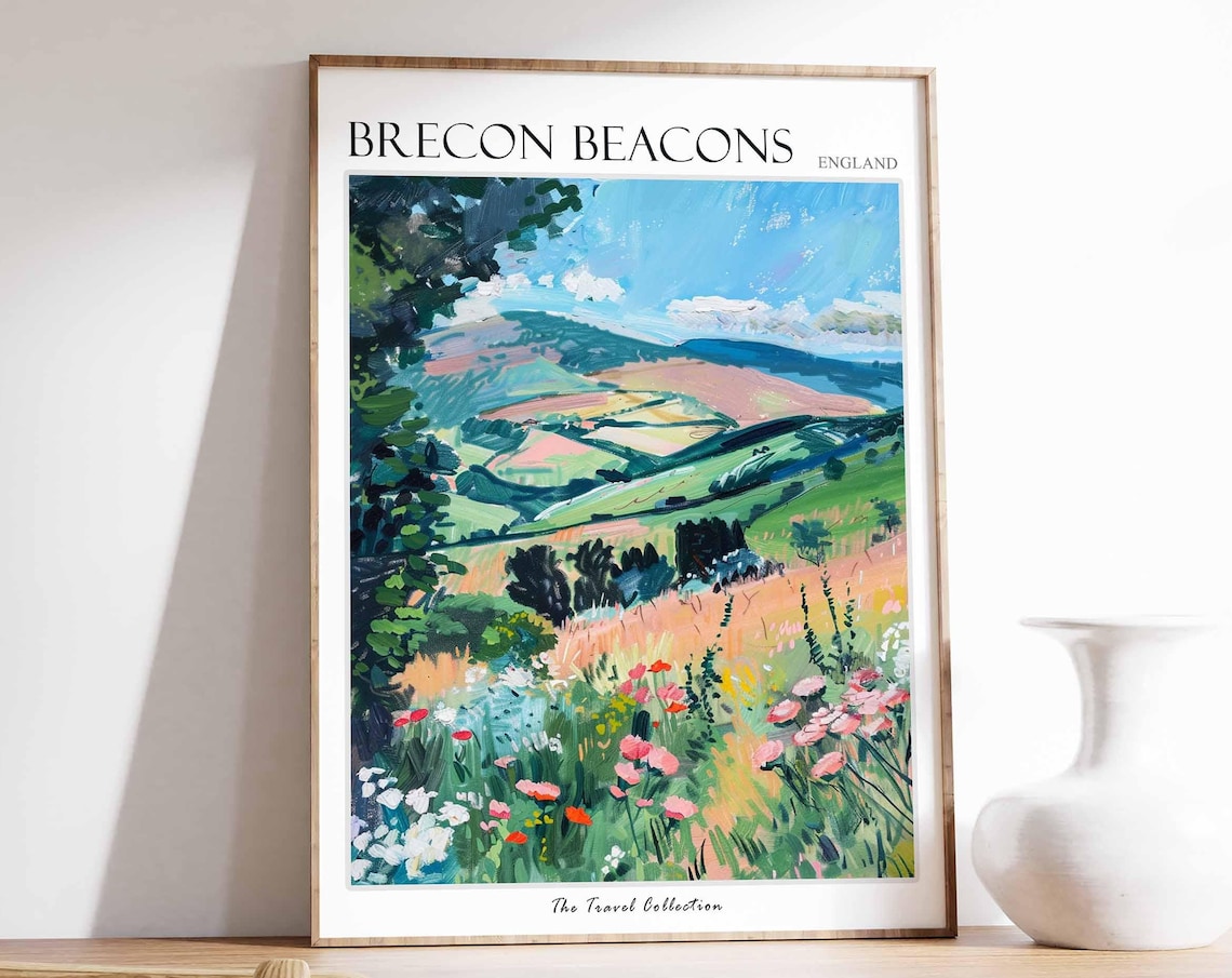 Brecon Beacons Valley View Green Hills Watercolor Travel Poster
