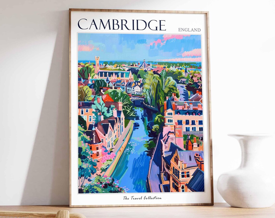 Cambridge England Travel Poster River Cam Colleges Aerial Painting