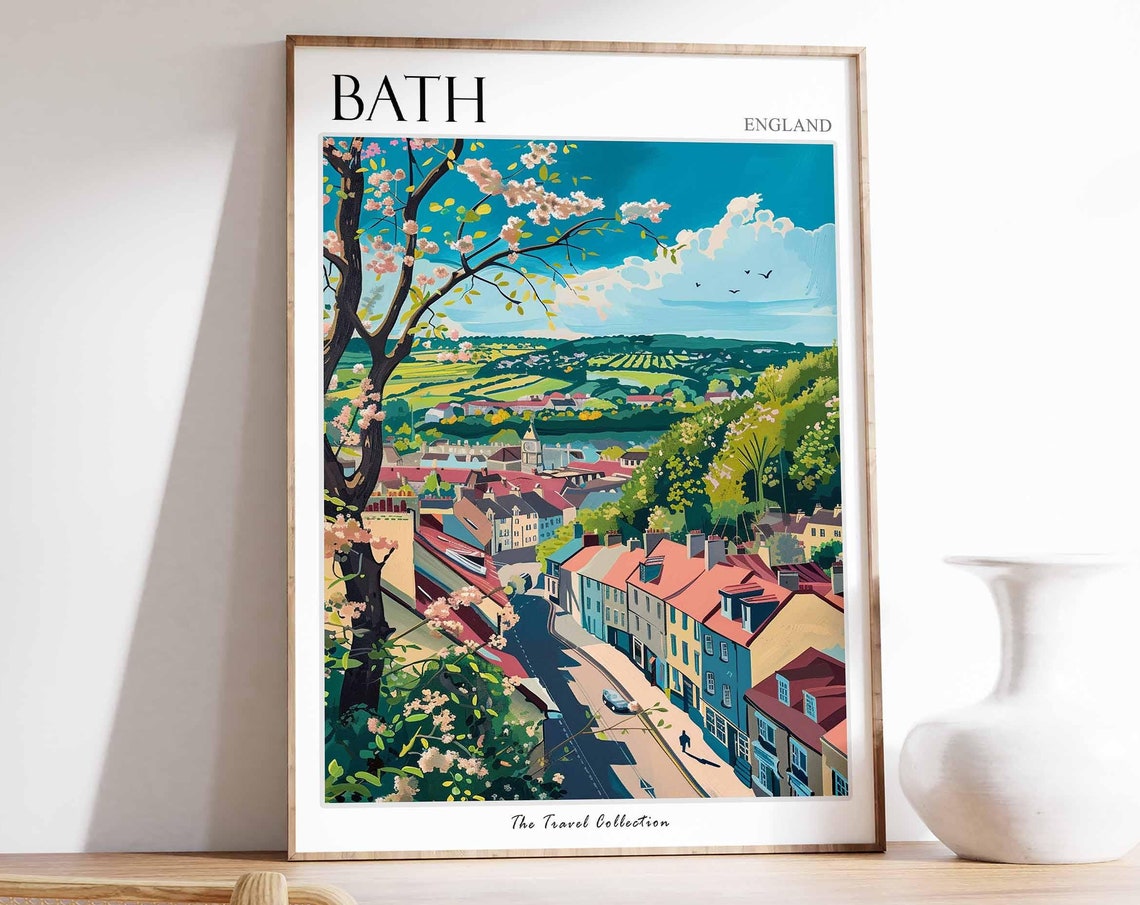 Bath England Hillside Streets Blossom Tree Panoramic Travel Poster