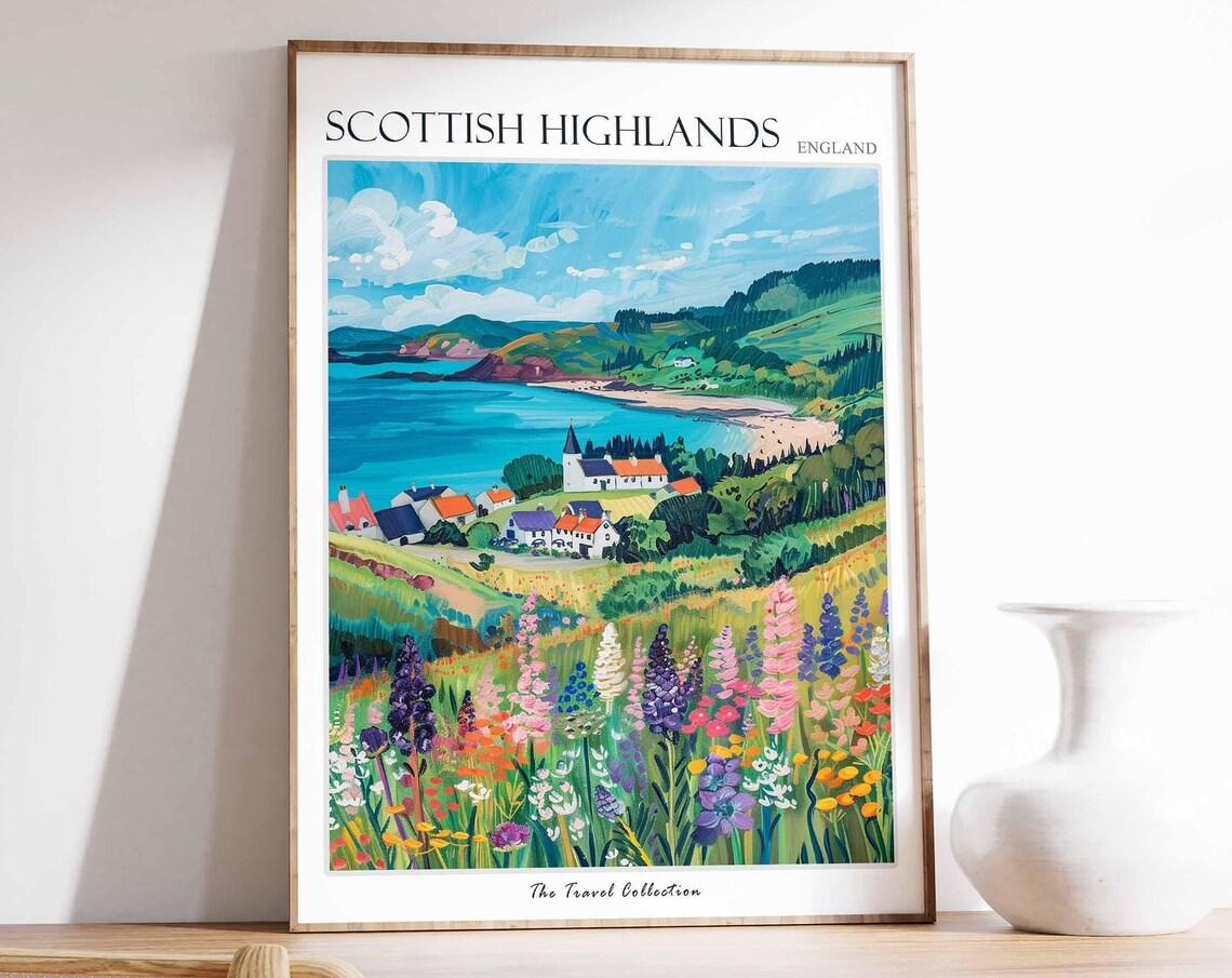 Scottish Highlands Coastal Village Church Wildflower Seaside Poster