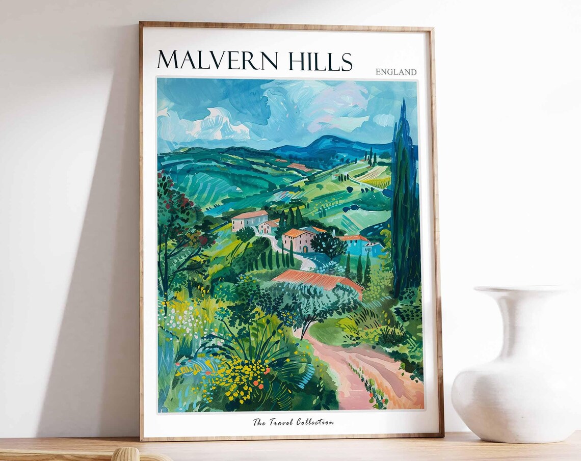 Malvern Hills Hillside Village Cypress Trees Church Tower Poster