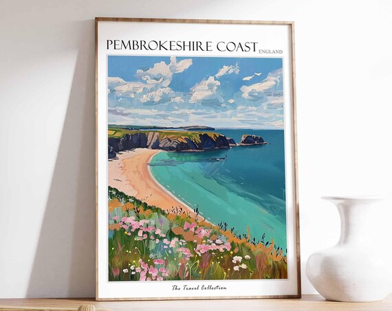 Pembrokeshire Coast England Beach Cliffs Wildflowers Art Poster