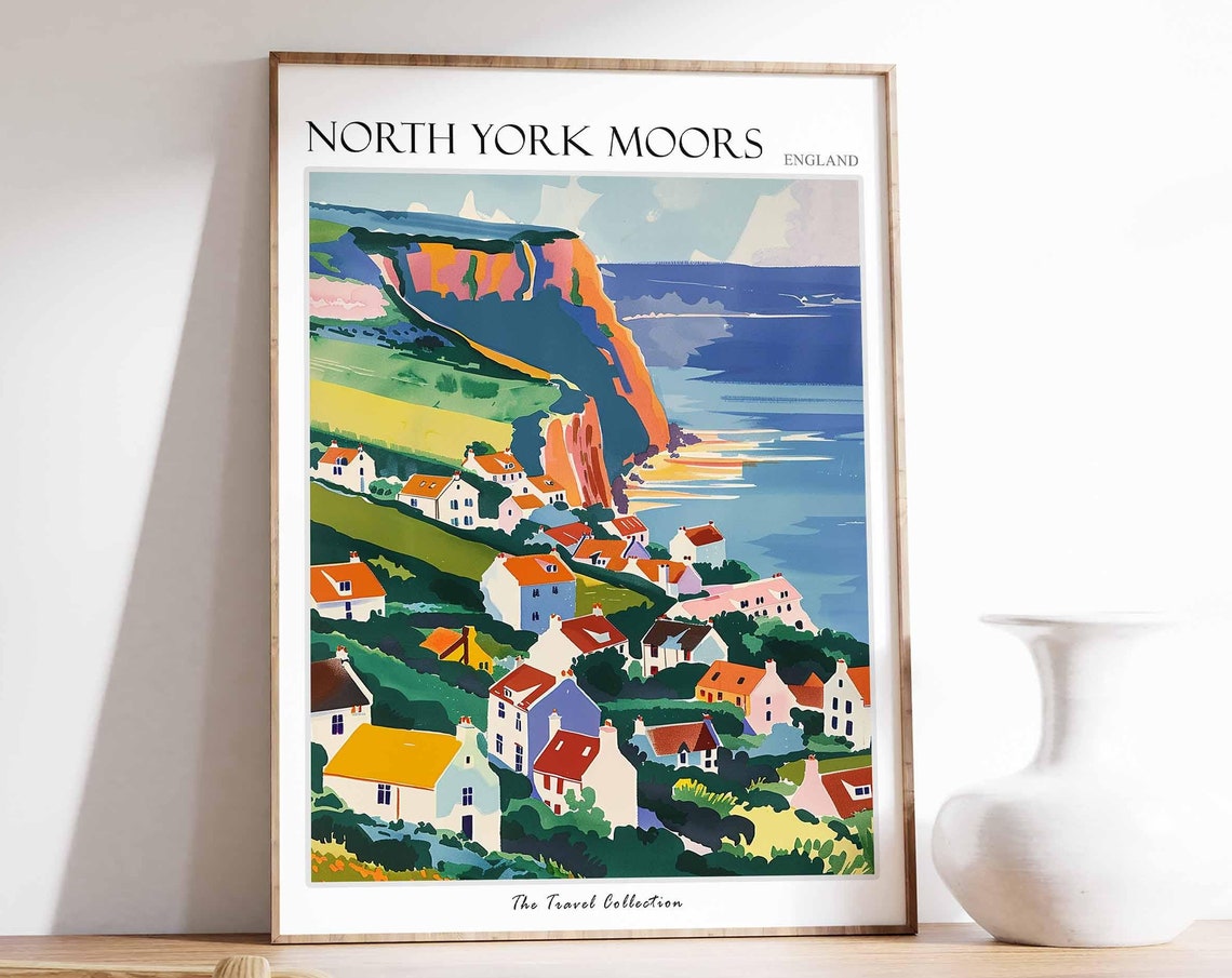 North York Moors Scenic Coastal Cliffs Seaside Village Travel Poster