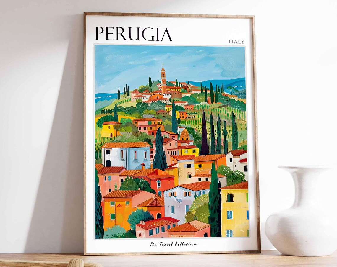 Perugia Italy Hillside Town Cypress Trees Scenic Travel Poster