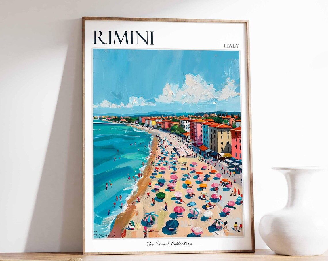 Rimini Italy Lively Beach Umbrellas Aerial View Painted Poster