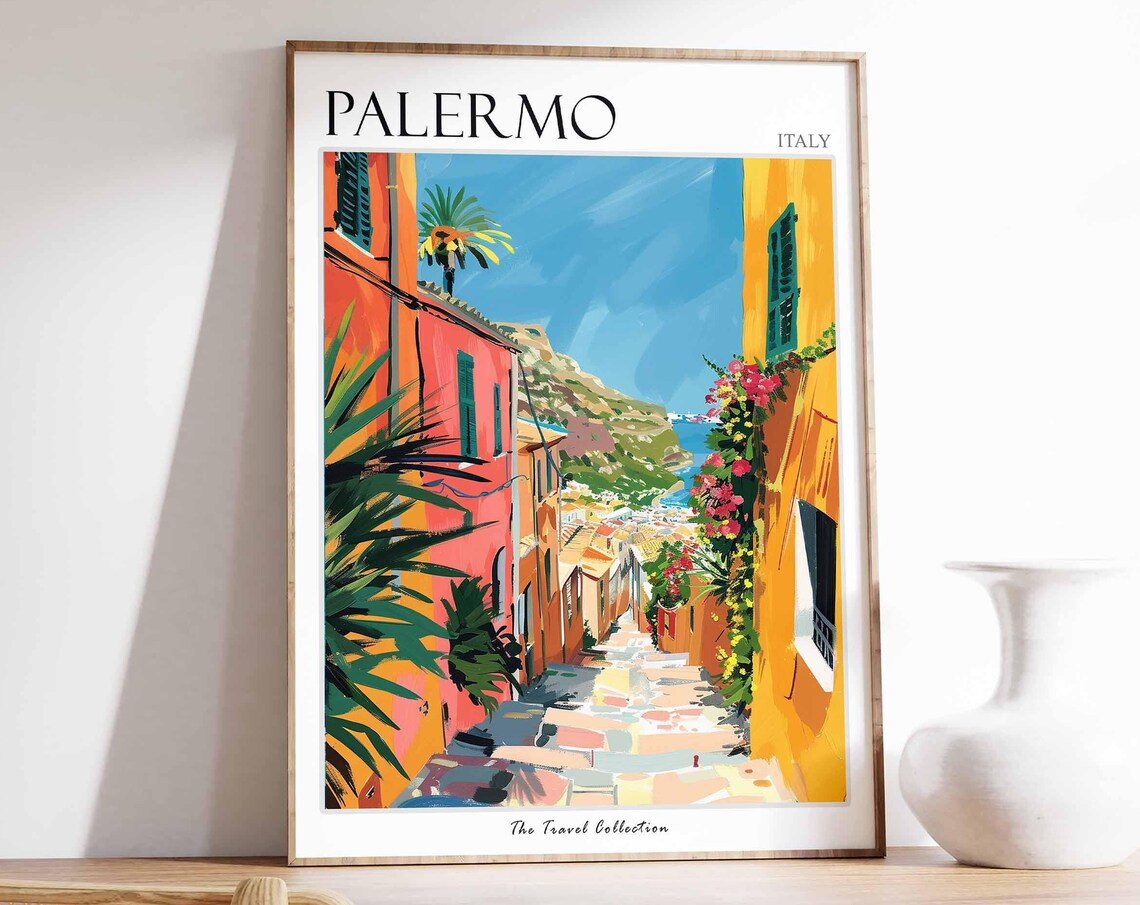 Palermo Italy Colorful Steep Street to the Sea Painted Travel Poster