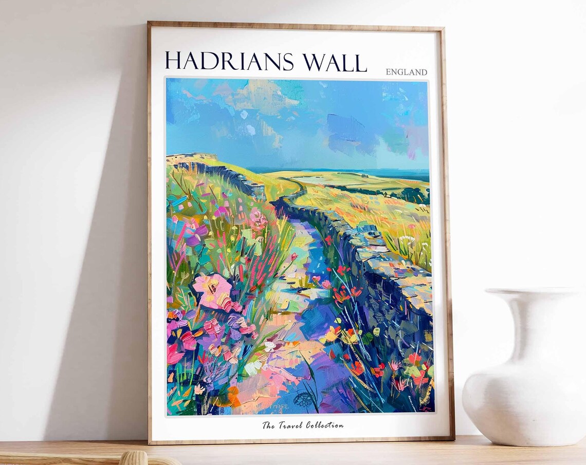 Hadrians Wall England Stone Wall Travel Poster Hills Wildflowers Art