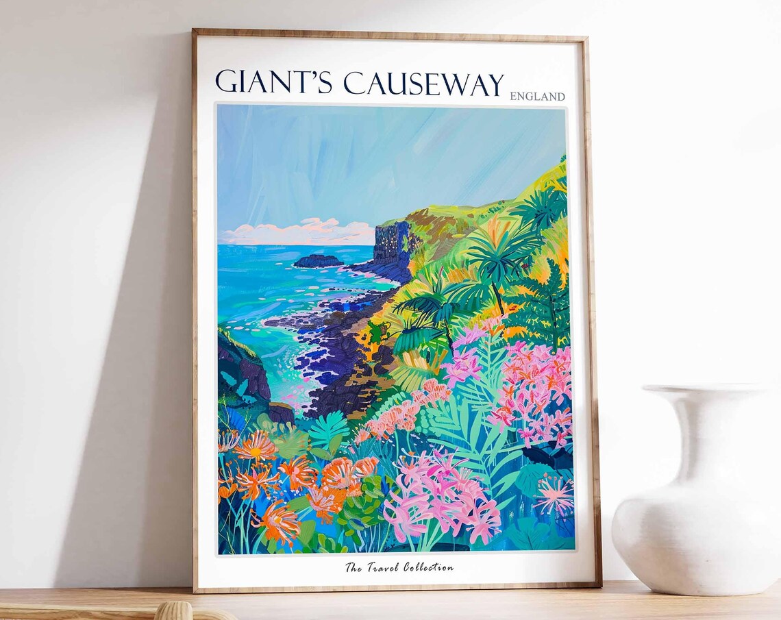 Giant's Causeway England Colorful Coastal Wildflower Scene Poster
