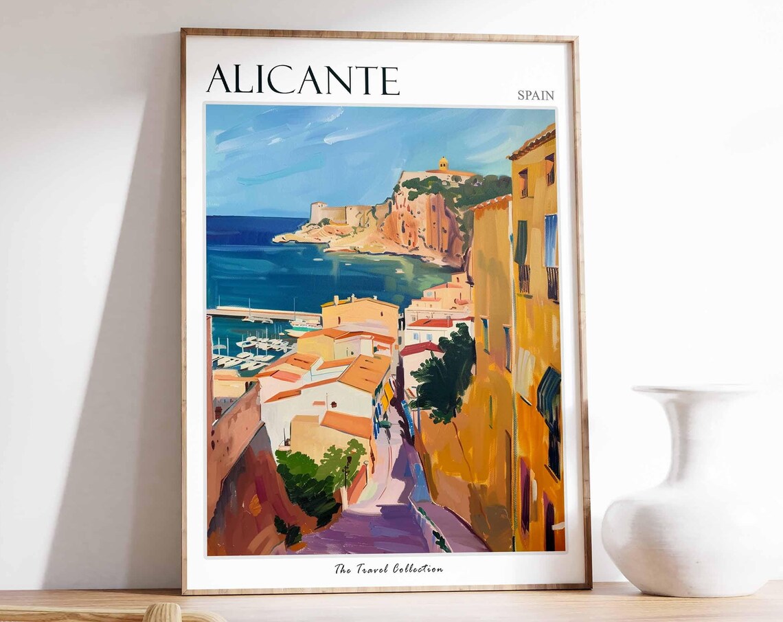 Alicante Spain Colorful Coastal Old Town Harbor Travel Poster