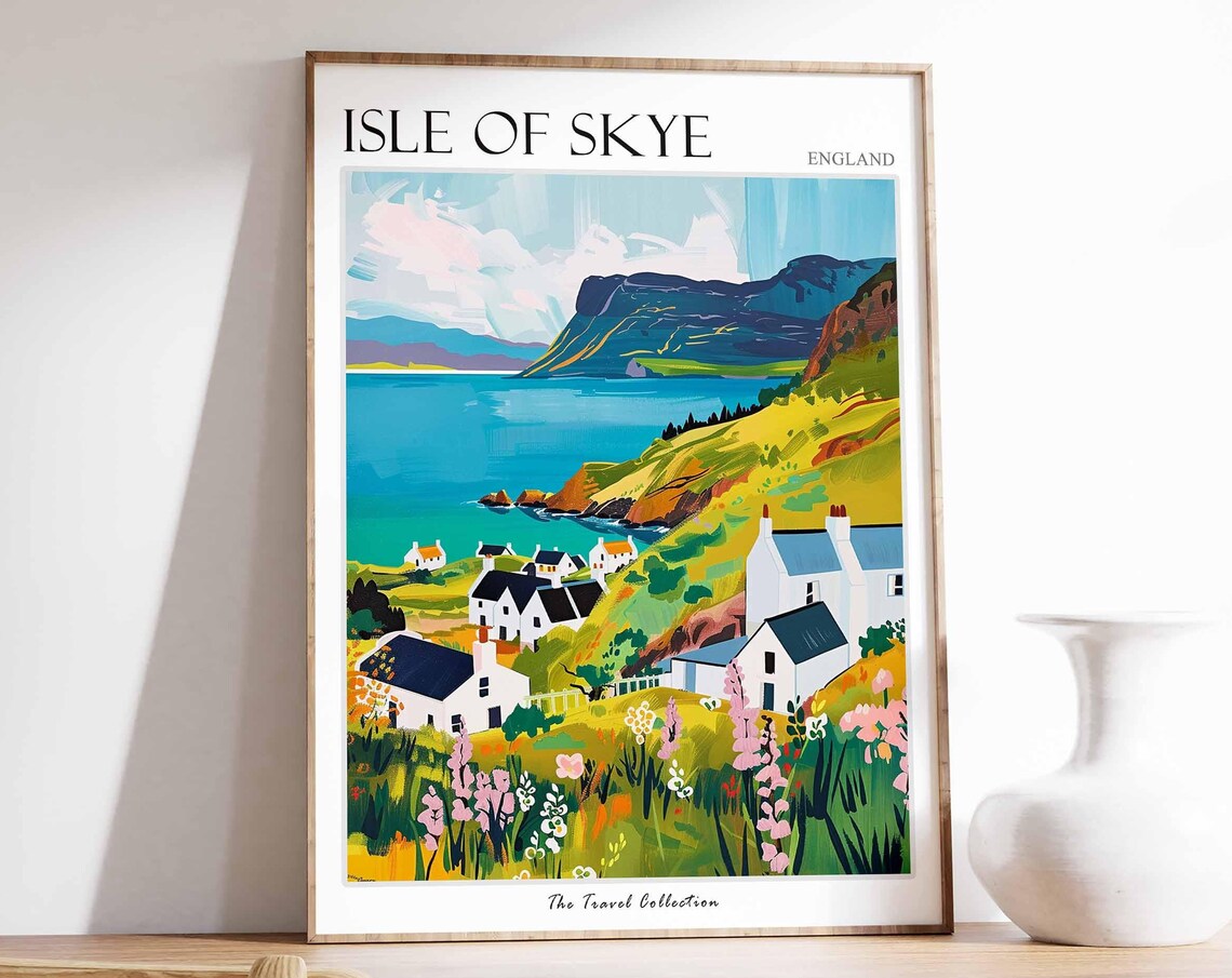 Isle of Skye Cottages Turquoise Bay Travel Poster Mountain Coastal Art