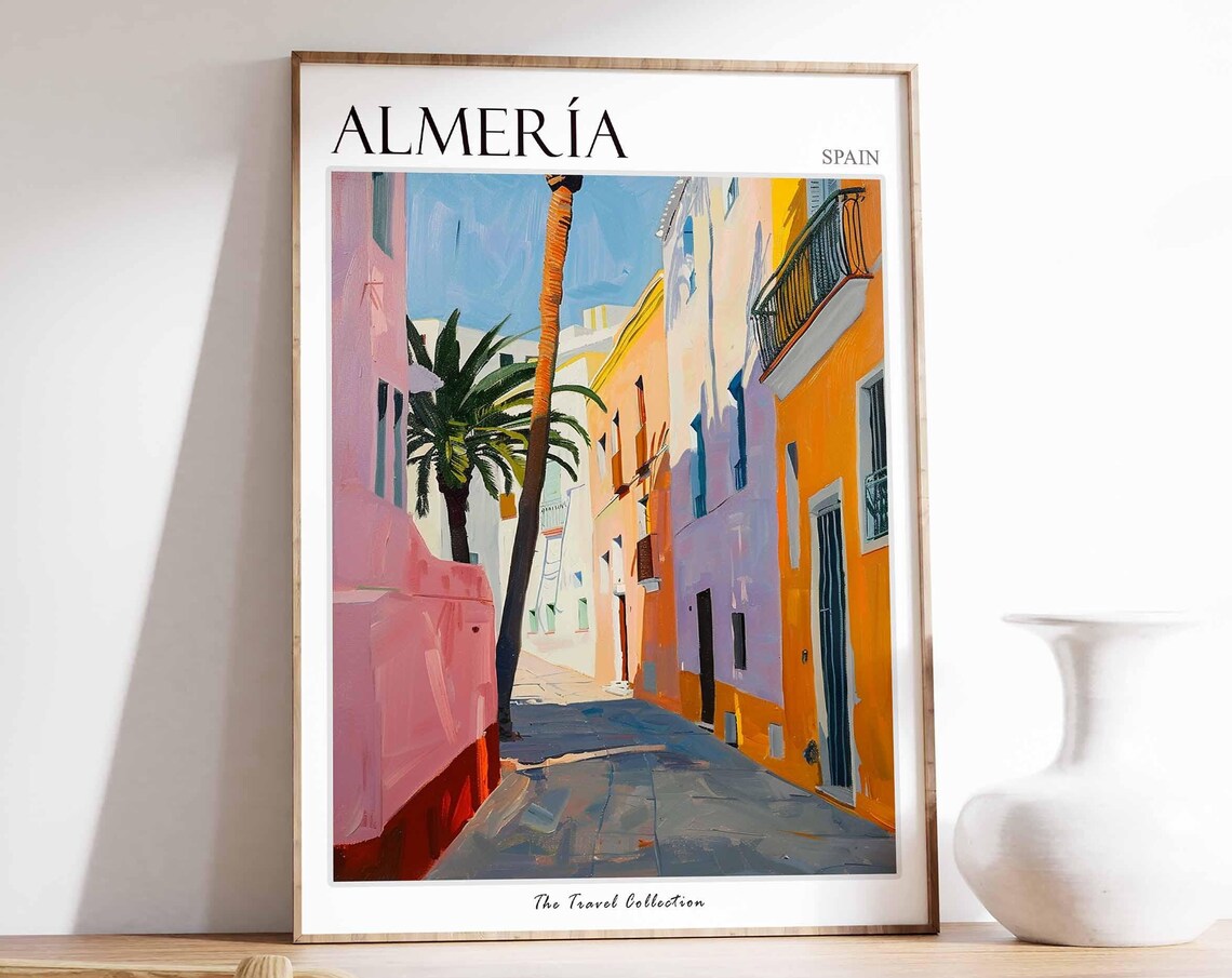 Almeria Spain Pink Alley Tall Palm Colorful Illustration Poster