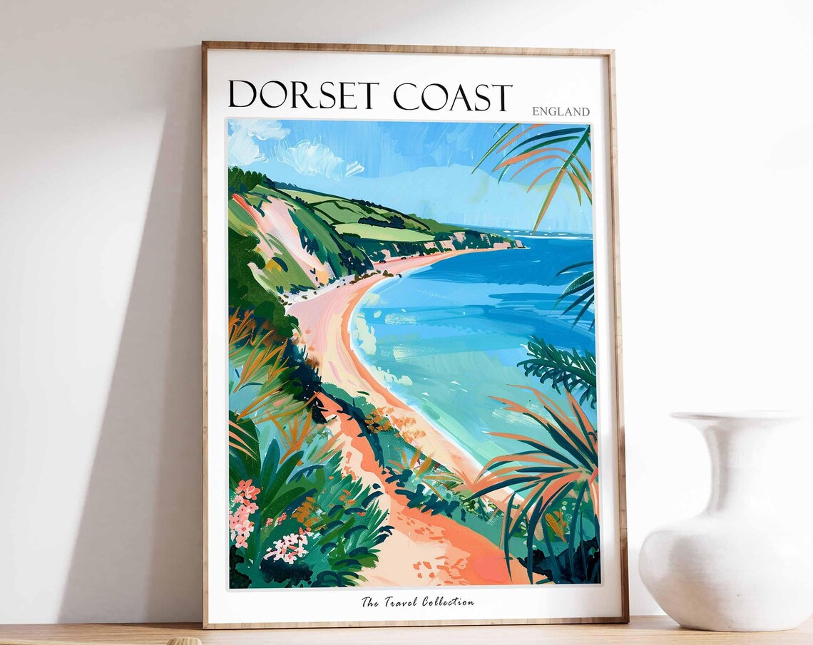 Dorset Coast England Sandy Bay Palm Foliage Seaside Travel Poster