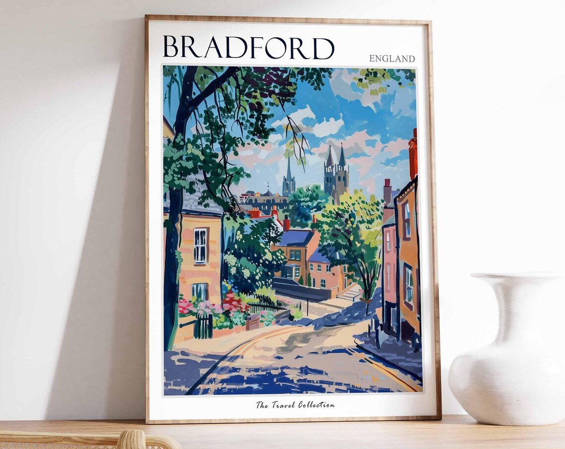 Bradford England Painterly Old Town Street with Twin Spires Poster