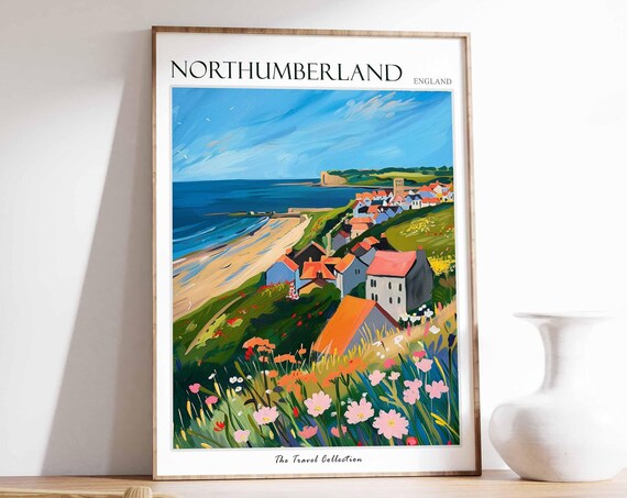 Northumberland England Beach Village Wildflower Hillside Poster