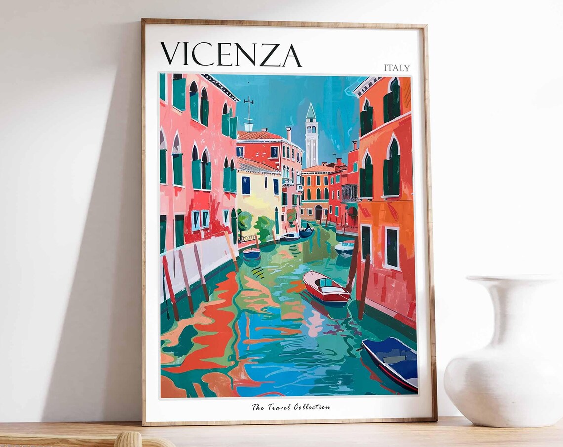 Vicenza Italy Colorful Sunny Canal Boats Watercolor Travel Poster