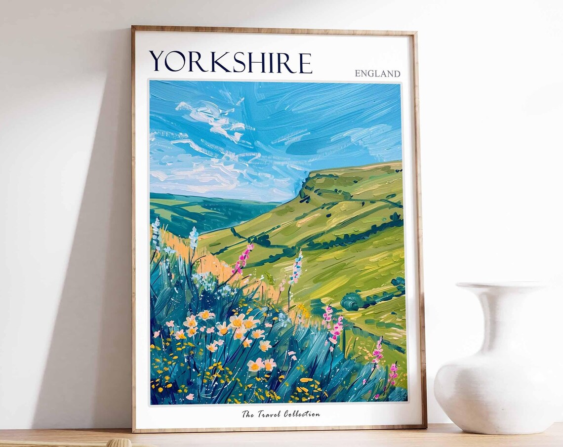 Yorkshire England Travel Poster Rolling Green Hills And Wildflowers
