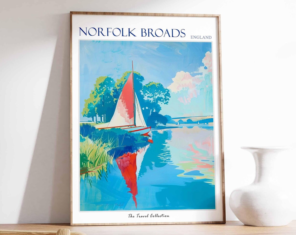 Norfolk Broads Red Sailboat Calm Water Reflection Travel Poster