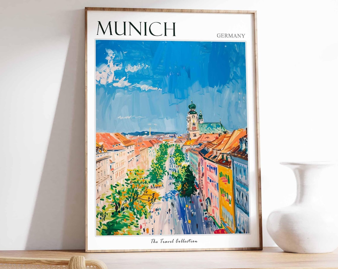Munich Germany Colorful Old Town Street Church Tower Art Poster