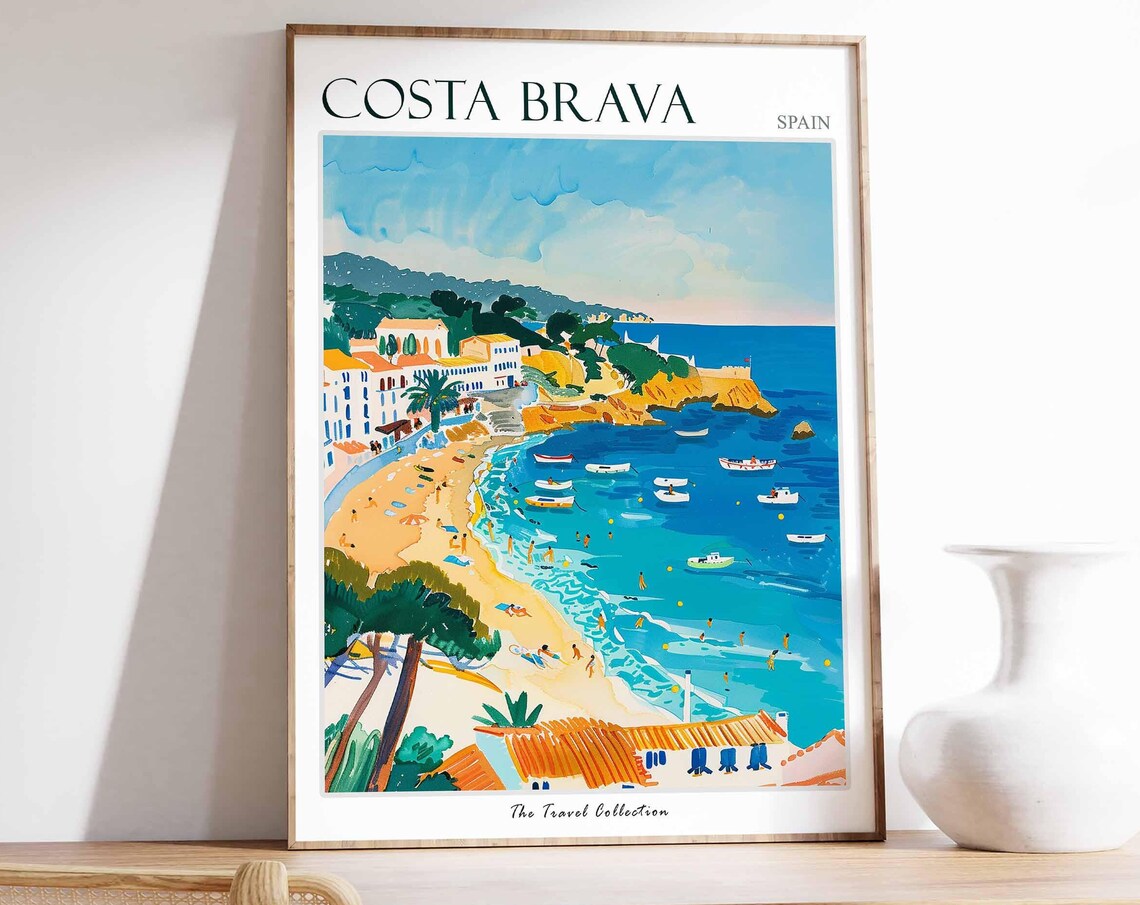 Costa Brava Beach Cove Swimmers Boats Turquoise Spain Travel Poster