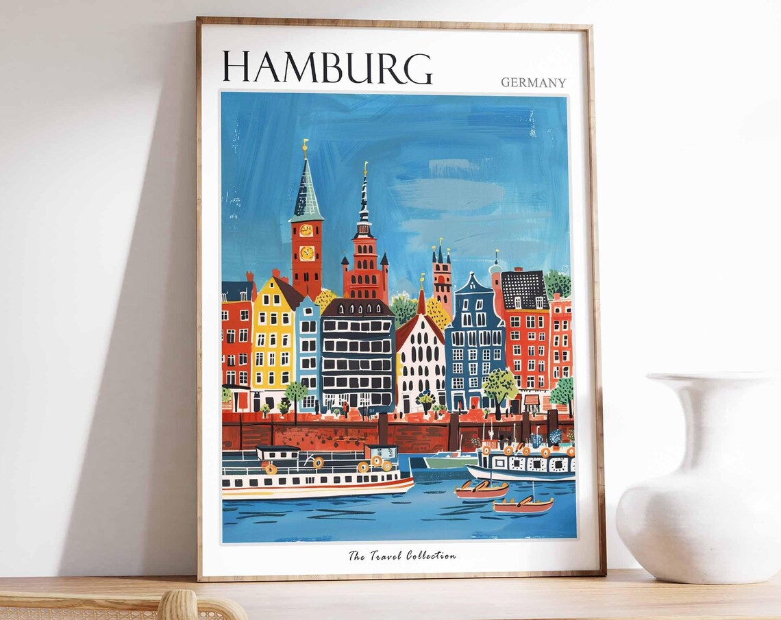 Hamburg Germany Travel Poster Colorful Harbor Skyline Illustration