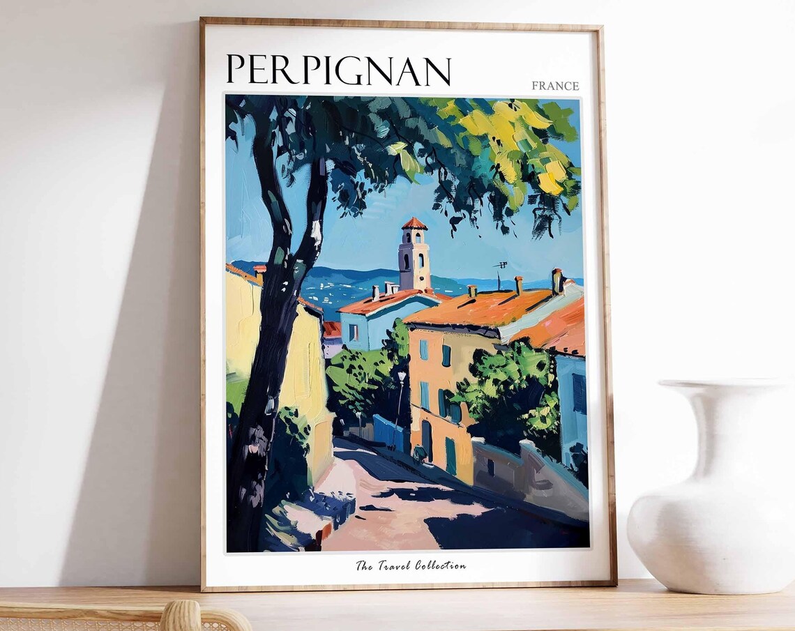 Perpignan France Mediterranean Street Bell Tower Scene Poster
