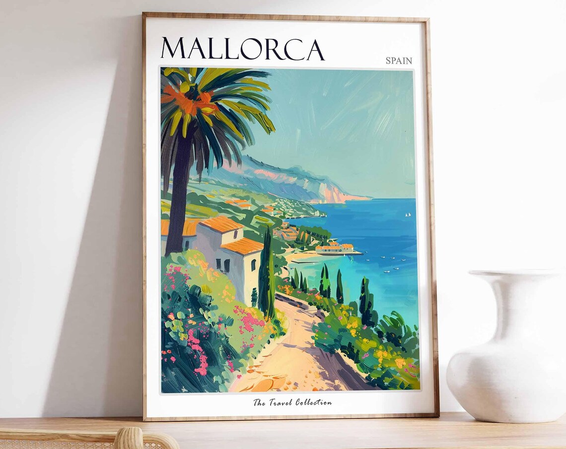 Mallorca Spain Coastal Path Villa Palms Turquoise Sea Travel Poster