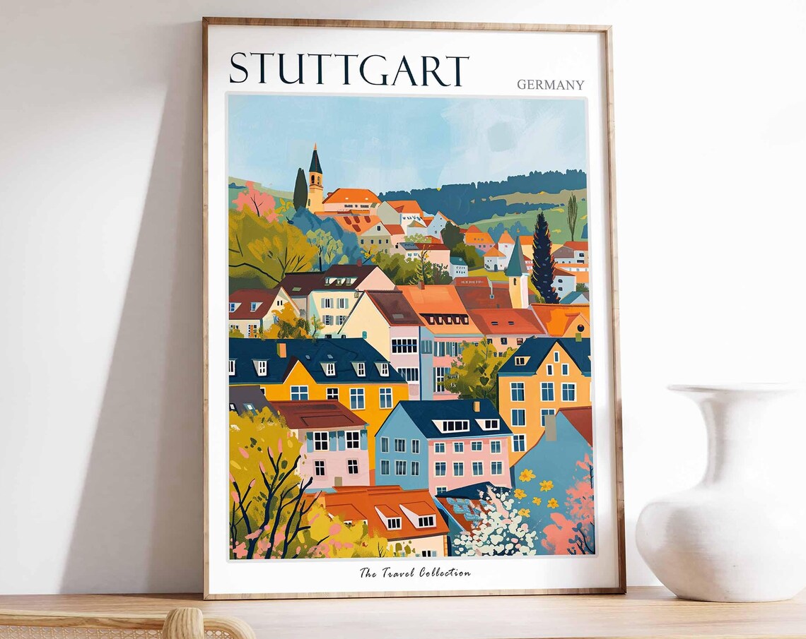 Stuttgart Germany Colorful Hillside Houses Painted Travel Poster