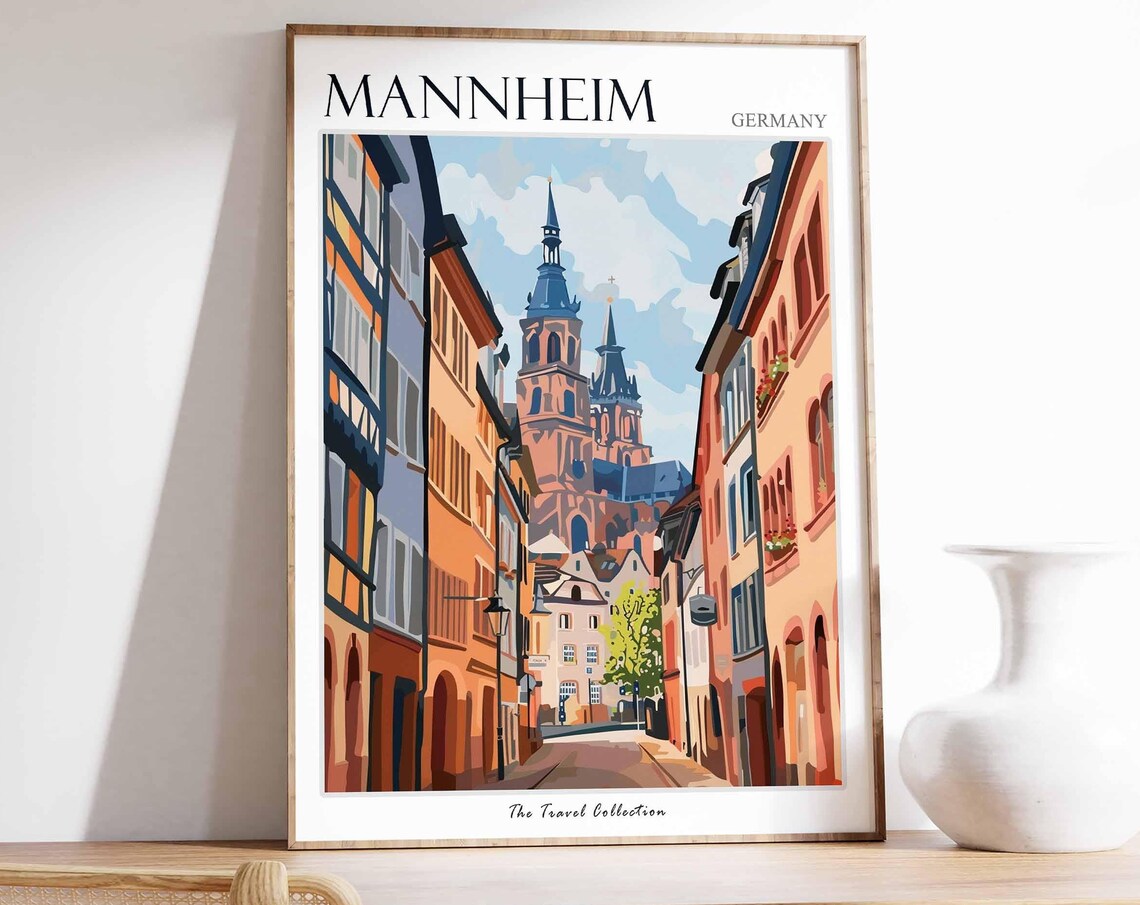 Mannheim Germany Old Street Twin Church Spires Travel Poster