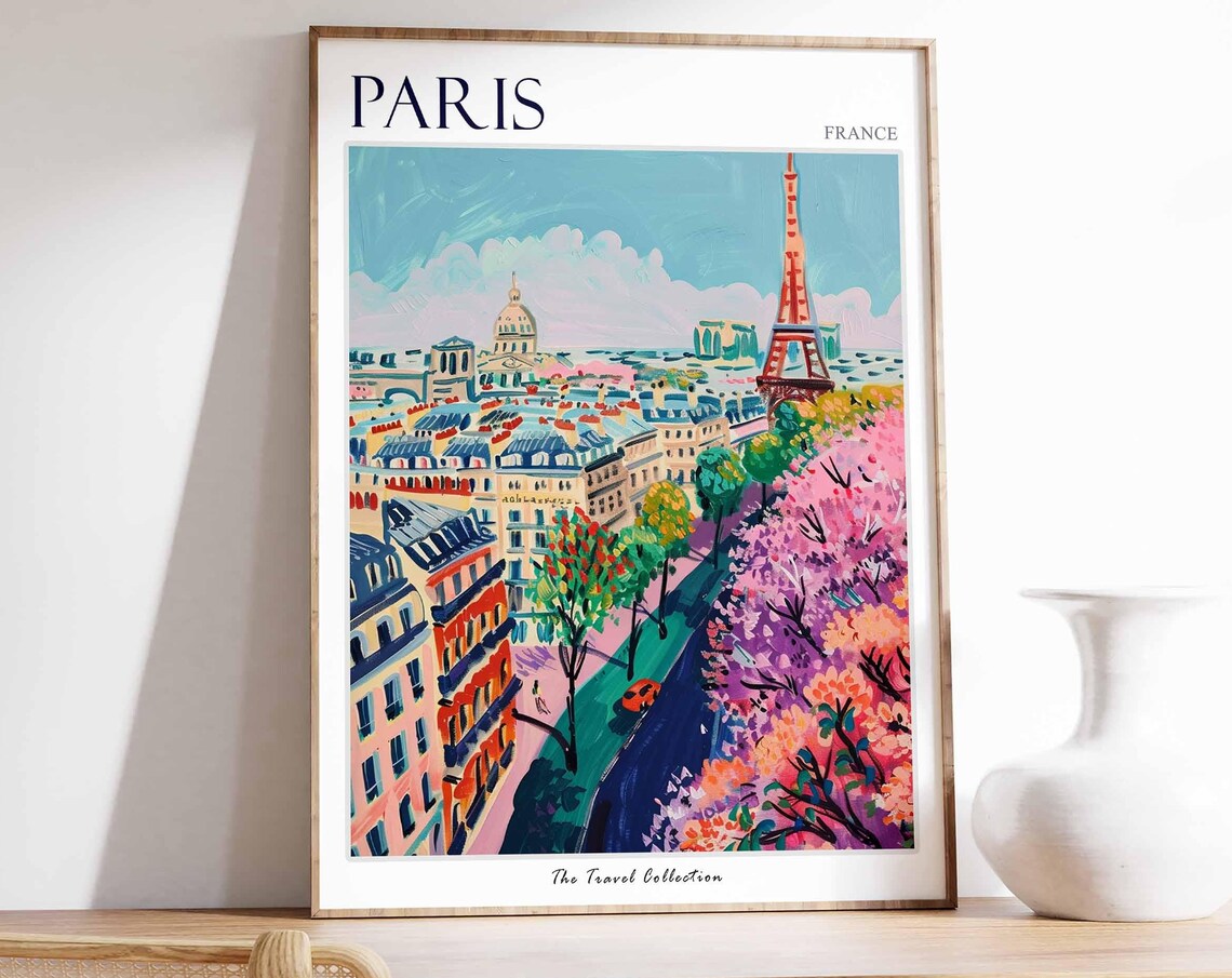 Paris France Eiffel Tower Spring Blossom Trees City View Poster