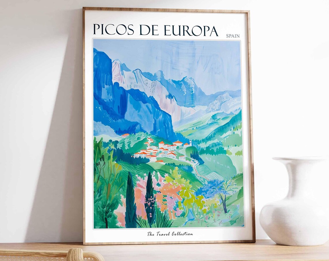Picos De Europa Spain Blue Mountain Village Colorful Travel Poster