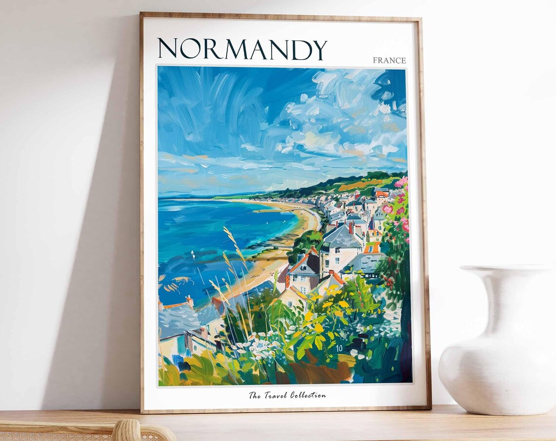 Normandy France Curved Beach Coastal Town Painting Travel Poster