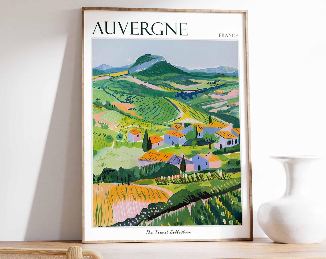 Auvergne France Green Volcanic Hills Scattered Farmhouses Poster