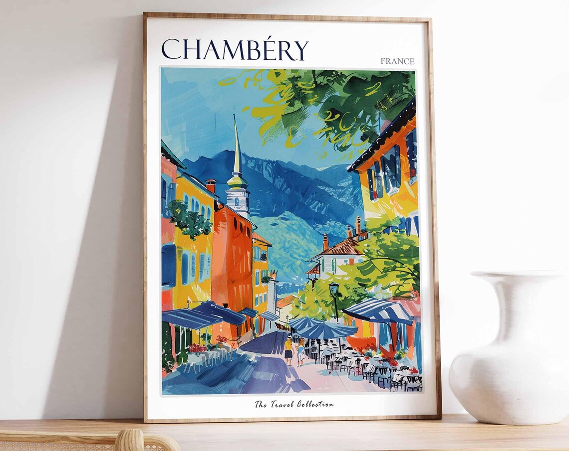 Chambery France Cafe Street Church Spire Alps Painted Travel Poster
