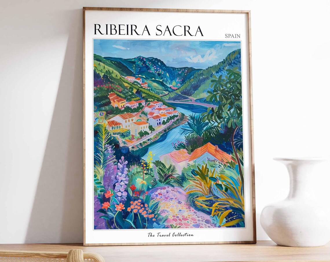 Ribeira Sacra Riverside Town Blooming Gardens Spain Travel Poster