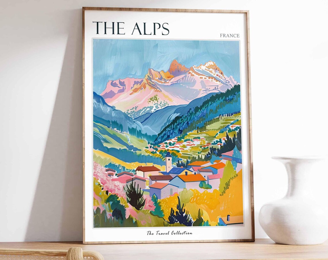 The Alps France Colorful Mountain Village Painting Travel Poster
