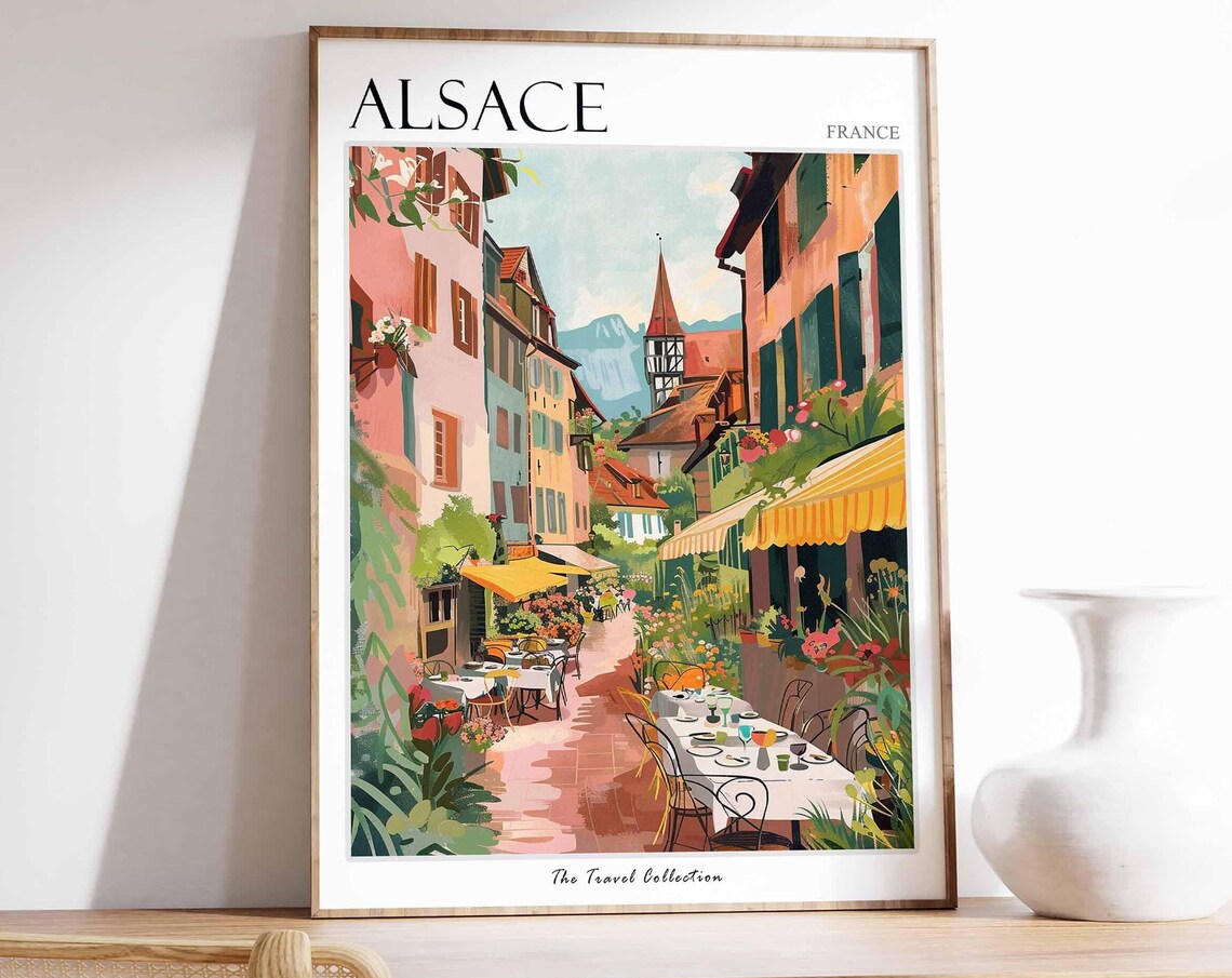 Alsace France Charming Old Town Street Side Cafe Travel Poster