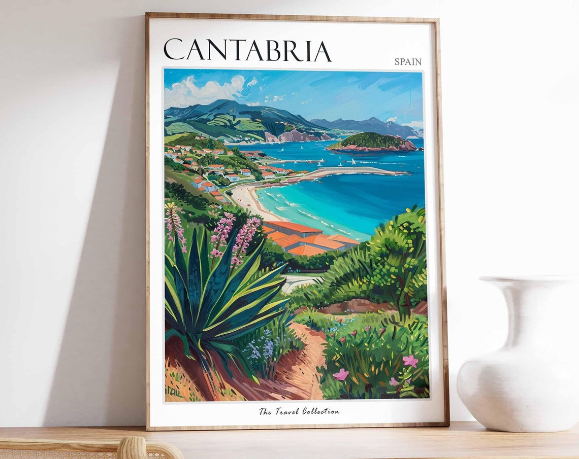 Cantabria Spain Turquoise Coastal Bay Mountains Painted Travel Poster