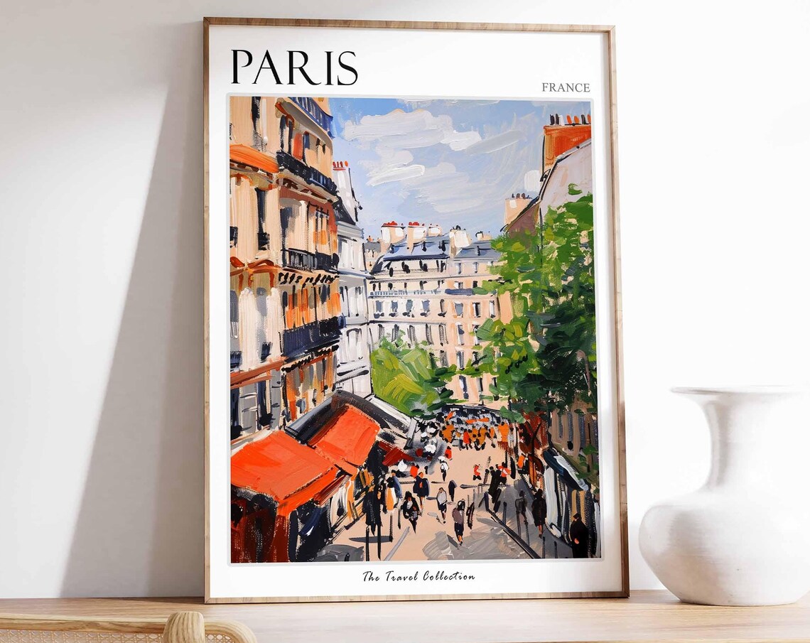 Paris France Bustling Old Cafe Street With Orange Awnings Poster