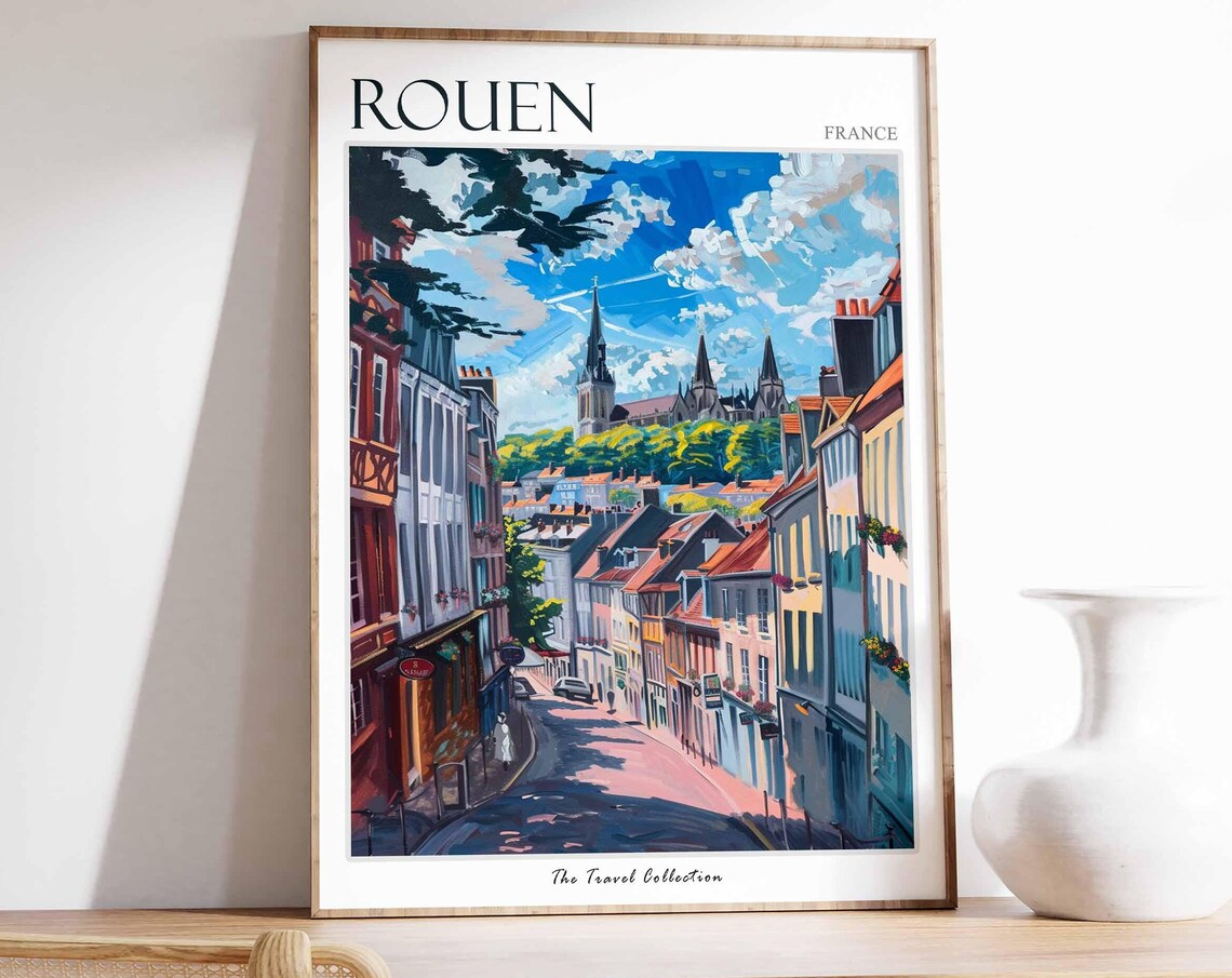 Rouen France Sunlit Old Street With Twin Cathedral Spires Poster